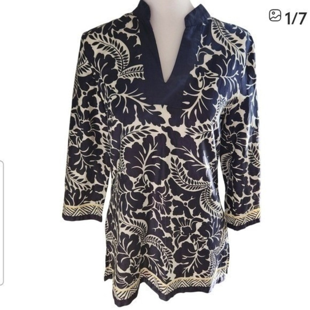 Brooks Brothers 346 Women's Floral Print Tunic Top Navy Beige Size S FLAW